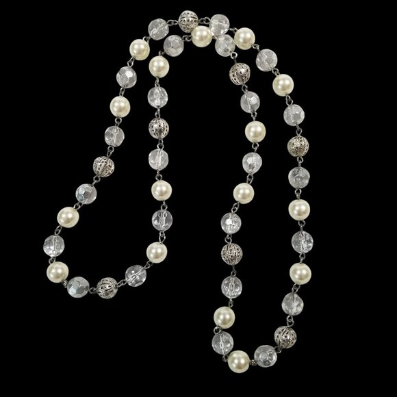 Crystals and Faux Pearls Rope Necklace with Silver Filigree Beads - Picture 2 of 9